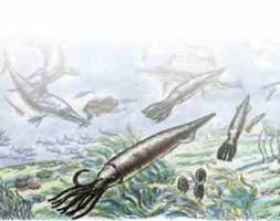An artist impression of Belemnites swimming in the Cretaceous sea.