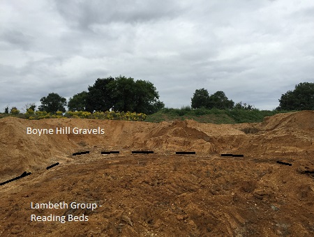East Burnham Quarry, active extraction in 2016 of proto-Thames Boyne Hill gravel Terrace. Note contact with Lambeth Group - Reading Beds below.